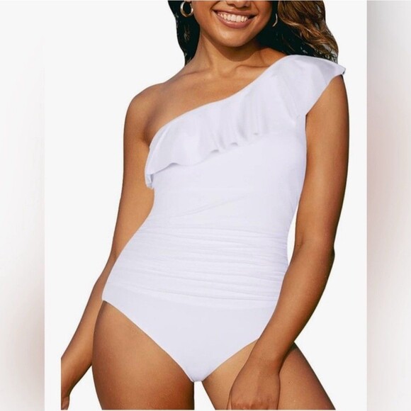 HILOR  Women's Size 12 White Swimsuit One Shoulder Asymmetric Ruffle NWT - Picture 6 of 7